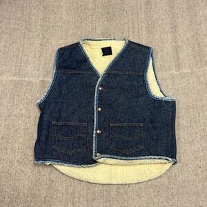 Vintage Sears Roebucks Denim Vest Mens Medium Blue 1970s Sherpa